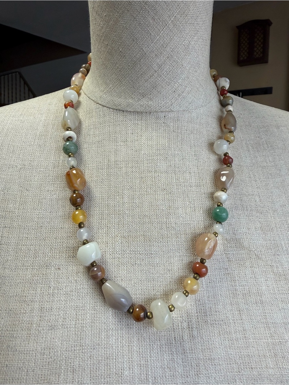 Vintage Multi-Stone Beggar Bead Necklace – Banded Agate & Jasper, Brass Clasp